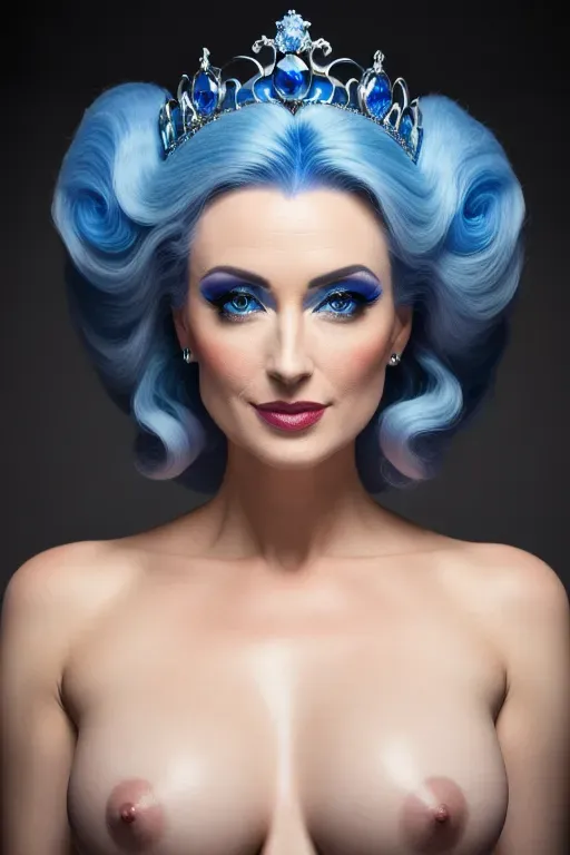 wide shot, 20 year old, a princess, insanely beautiful, naked, blue, day time, studio light, happy, 8k, professional
