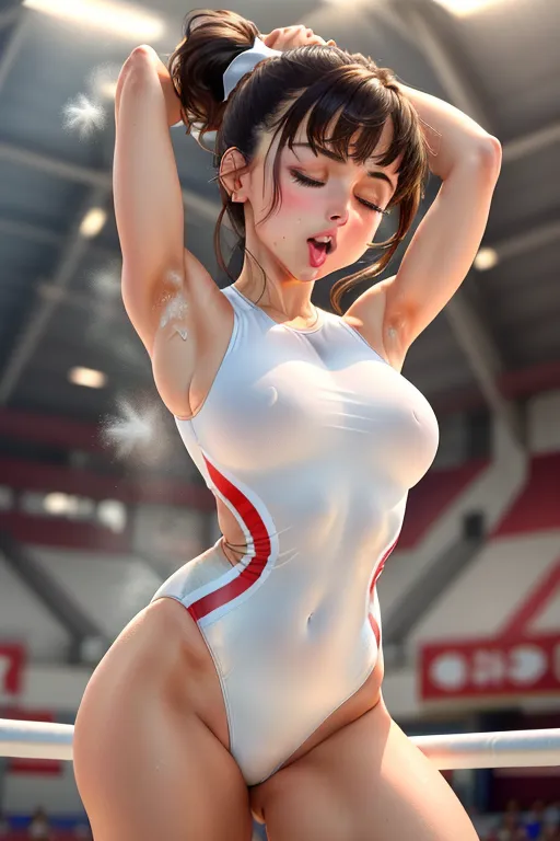 a 8k resolution photo of, Andreea Raducan, sexy smile, brunette hair in ponytail, wearing thin white leotard, small breasts, facing viewer, posing, hands on hips, at a gymnastics venue
They must be having a powerful (((sneezing fit))) ((sneezing)) allergy, hay fever, with her nostrils flaring, ((her eyes closed)) and ((her mouth wide open))