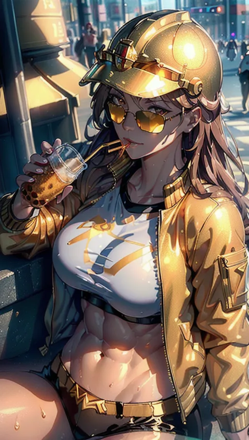 Best quality, high res, 1 adult woman, (a breathtaking masterpiece of extremely close up detailed face of a muscular adult woman with golden helmet on head drinking bubble tea on a busy tokyo city streets), (long flowing brown hair, golden Gladiator helmet on head, short sporty jacket showing abs and bellybutton, fancy sunglasses:1.35),
(extremely detailed face with a confident expression:1.38), (extremely detailed golden eyes looking at viewer:1.42), (extremely detailed full lips smiling energetically:1.24), (perfect hands, perfect fingers), (extreme close up face of a woman drinking bubble tea with a straw, zoomed in detailed shot of face from the side:1.25),
abstract feel during midday, high contrast, ((ethereal, erotic), fierce and energetic, functionally nude, energetic and expressive pose), muscular, beautiful soft lighting, (glistening with sweat:1.2),
(candid:1.1), (soft focus, beautiful soft midday lighting, flat shading stylised art:1.27), (physically-based ray tracing, photon mapping, photorealistic:1.27), (high resolution masterpiece, 4k, HDR, UHD:1.25), tokyo city streets with bokeh, 8k, HDR, UHD, vivid colours, gladiator helmet