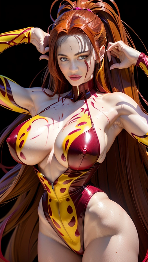((Burgundy red and yellow symbiote girl)), ((hair-raising symbiote)), ((burgundy red and yellow symbiote goo)), ((((burgundy red long hair with yellow strands)))), ((red and yellow symbiote goo suit)), (yellow strands), (((((symbiote goo hair))), ((((burgundy red and yellow symbiote goo body)))), ((huge burgundy red and yellow symbiote goo boobs)), burgundy red hair, very very long hair