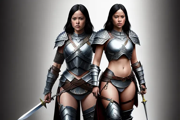 A digital painting of jenna ortega in a chainmail bikini armor, sword, shield, full body, castle background