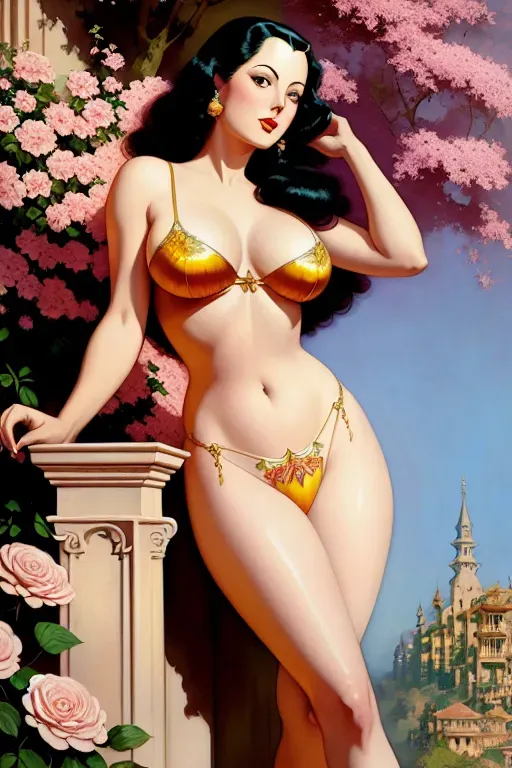 Colour painting of a young Hedy Lamarr, highly detailed, detailed breasts, extremely detailed vagina, professional, legs spread, flowers and villa in the background, intricate motifs, organic tracery, perfect composition, warm dreamy tones, digital painting, artstation, concept art, smooth, sharp focus, illustration, Carne Griffiths, pixar, Michael Garmash, Frank Frazetta, Victo ngai, Jean Baptiste Monge, shiny aura