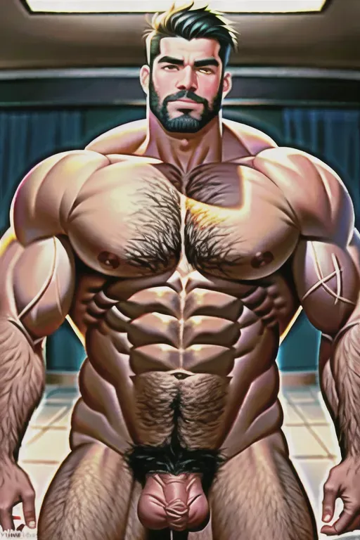 beautiful, masterpiece, best quality, extremely detailed face, perfect lighting, RAW photo, photo of bara man, posing for the camera, 8k uhd, dslr, high quality, film grain, big pecs, nude, abs, muscular, penis