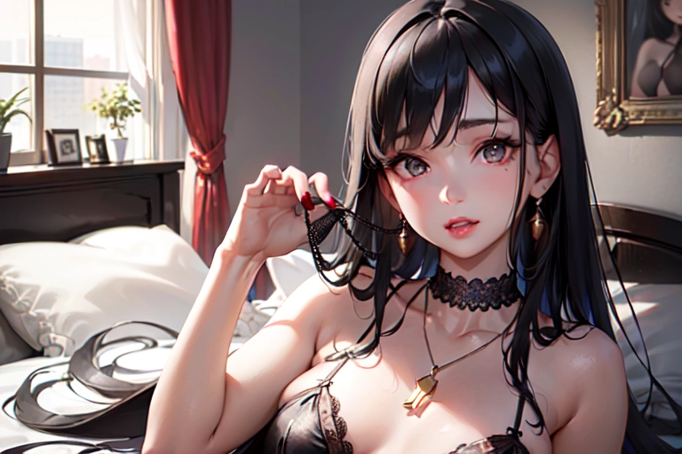 photorealistic, 8k, accurate face, (((detailed face))), (((replicate inspiration face))), full figure shot, shining eyes, female face, cute, 21 years old gorgeous, luxuriously long black hair, lipstick, bangs, small breasts, choker, necklace, pendant,
wearing tight black lace lingerie , in bed room,