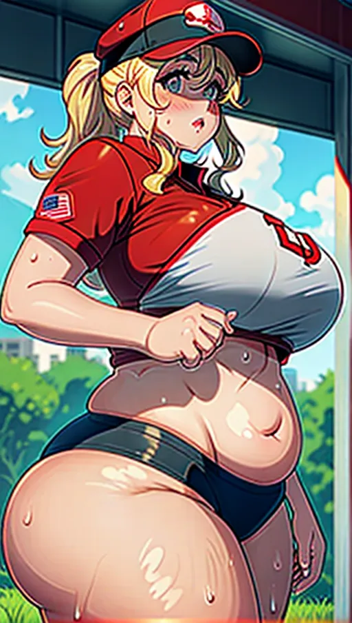 a photograph of, an ssbbw woman, big belly, fat face, huge boobs, huge fat thighs, thicc, giant fat ass, huge fat butt, huge wide hips, five fingers per hand, blonde hair, red pizza delivery uniform, red baseball hat, fully clothed, curved eyebrows, sharp focus, editorial, detailed, artstation, greasy, sweaty, dripping sweat