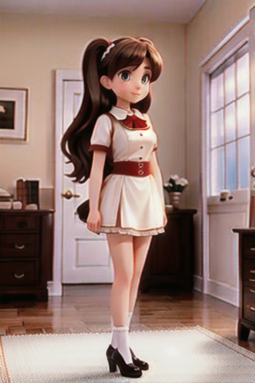 4k quality, brown eyes, pale white skin, brown hair, giant breasts, cleavage, looking at viewer, pov, long hair, wavy hair, standing in bedroom, maid uniform, high heels, miniskirt, pigtails