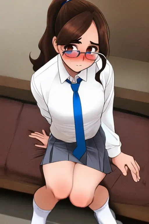 glasses,brown hair,horny,blushes,facing viewer,white socks,pony tail,medium,white uniform,blue skirt,blue ties,blow job