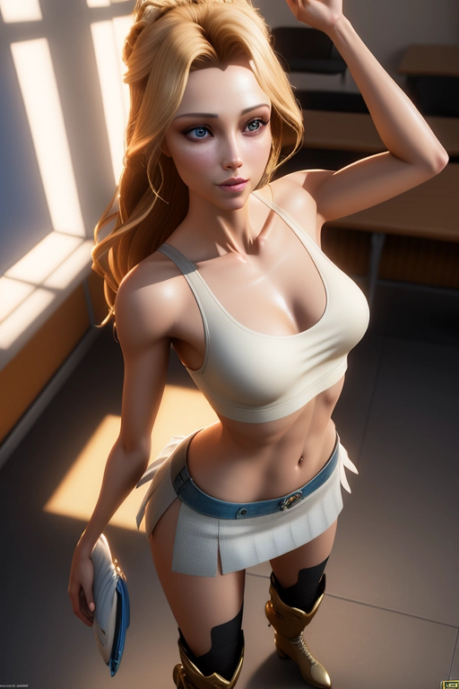 3d, 8k, extreme resolution, the angle is from the floor looking up at, a mix of Teresa Palmer and Taylor Hickson, wearing a tight tank top, miniskirt, white cotton panties under skirt, tights, boots, flirty smile, upskirt camera angle, in a classroom, realistic eyes, curved eyebrows, textured skin, flawless face, thin body, small breasts, cgsociety, unreal engine, highly detailed, artstation, deviantart, sharp image, centered, volumetric lighting, hyper-realistic, backlighting, studio lighting,