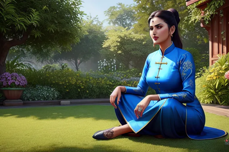a illustration of,huma qureshi,wearing ao dai,sitting,in the garden,five slender fingers,ponytail,gorgeous face,beautiful lips,blue eyes,curved eyebrows,joyful,tattoo,cgsociety,highly detailed,unreal engine,editorial,8k
