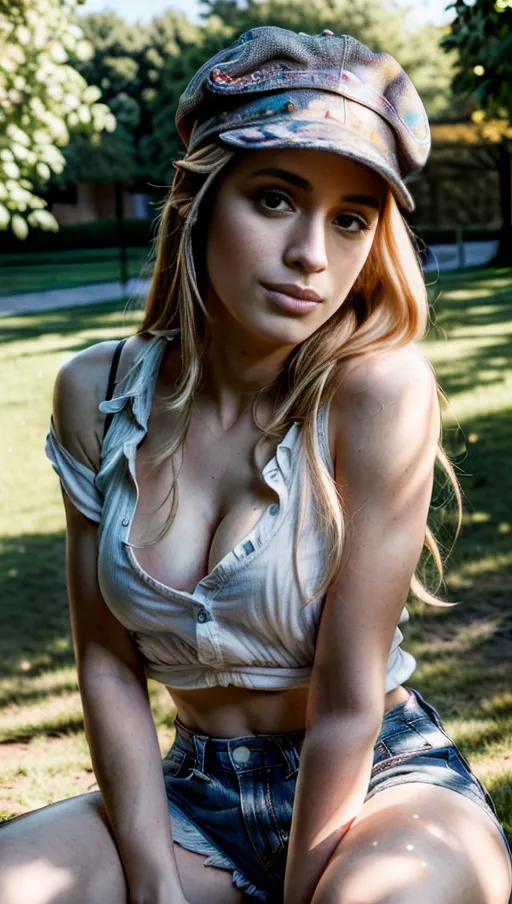(photorealistic:1.6), (masterpiece:1.6), (best quality:1.8), ultra high res, RAW colour,
cute european girl sitting in park, cap in head, accurate face, fit, open shirt, cleavage, long blond hair, shy smile,
correct pupils, correct lips, detailed face, detailed textured skin, natural skin, extremely accurate facial features,
<lora:dpmg_add_detail:1>