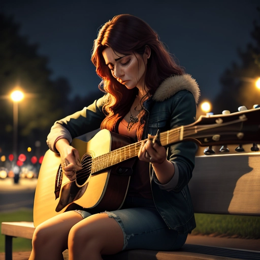 Beautiful woman sitting in a park playing guitar, night time, sad, gloomy, emotional, crying