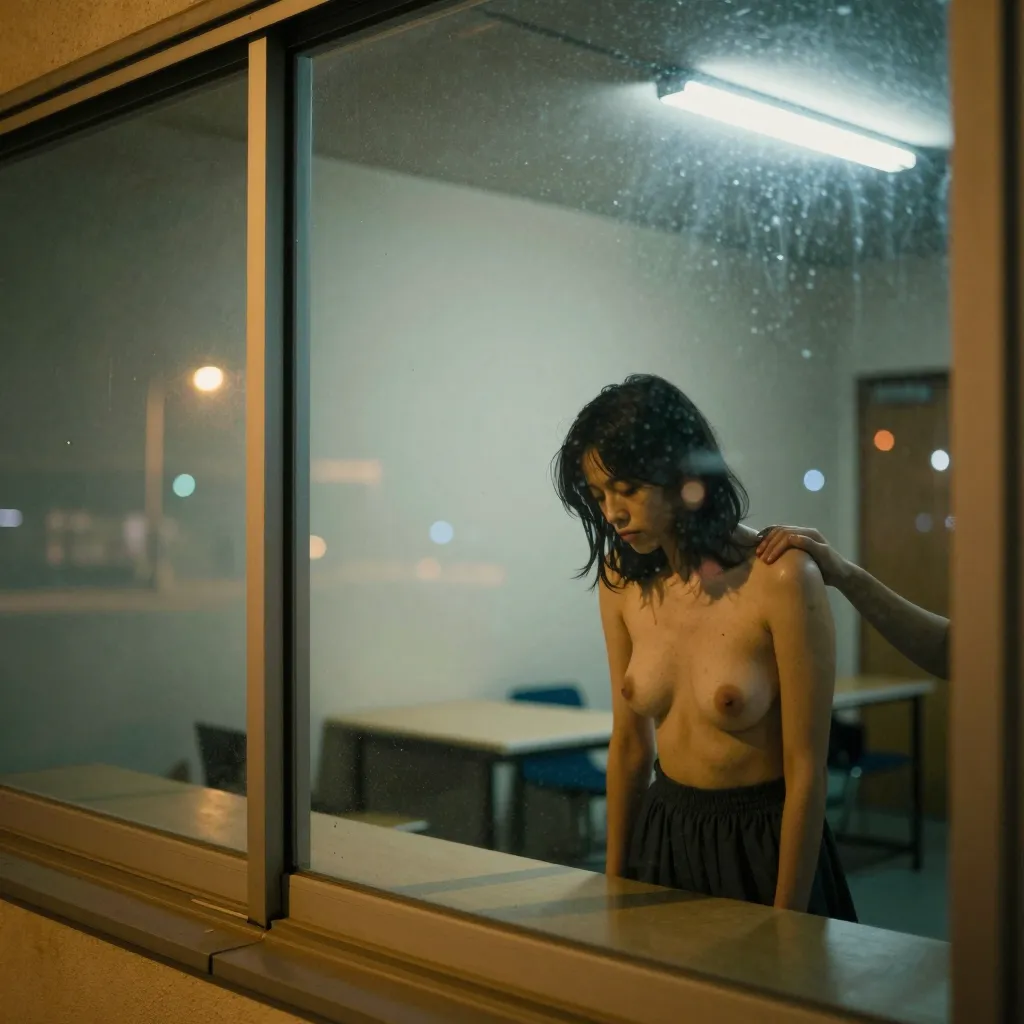 Unretouched photograph, visible pores, uneven skin tone, no smoothing, high ISO grain.
Shot from the street at night through a ground-floor window, 35mm at f/2, focus on the
glass so the frame and the streetlight reflections are sharp across the left third.
Inside, lit only by the room's ceiling fluorescent and nothing else, a pale woman in her
late twenties with black hair and no makeup is bent over a table with her skirt pushed up
and her breasts bare; a hand grips her shoulder from the right and the frame edge cuts off
everything else of that person.