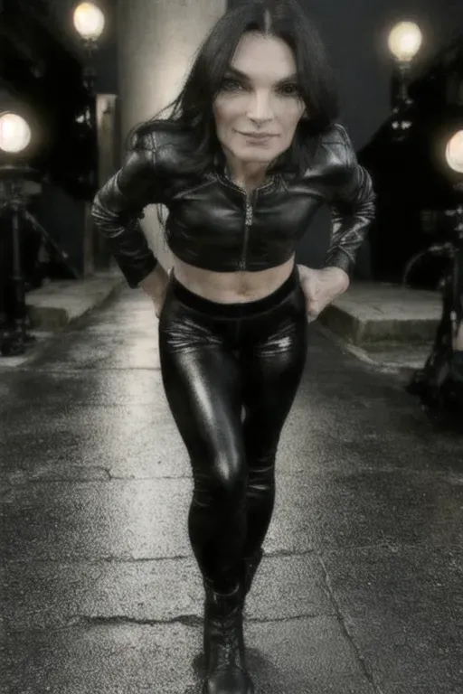 Famke Jansen in faux leather leggings, standing in a power pose, looking down into the camera