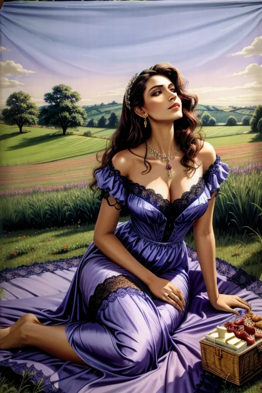 Beautiful countess, proud, haughty, gorgeous latina, laying on a cloth, with a picnic, in a field of grass, wearing mauve and blue satin ruffle nightdress with lace and high slit, shoulder lenght hair, jewellery , view from knee to head , a low angle and a wide frame, looking at us intensely, looking at us with a bright light, <lora:dpmg_add_detail:1>,