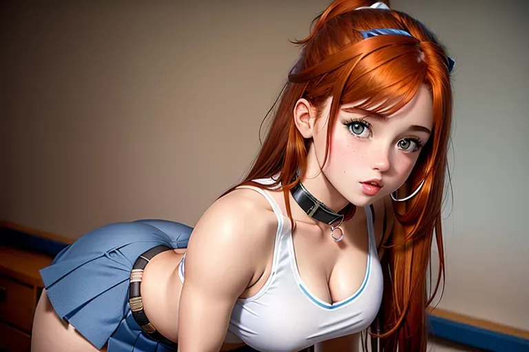 sexy school girl, white tank top, blue miniskirt, collar, Sexy, pretty, 19 years old, slave girl, 5 foot 2 inches, 34B bust, 28 inch waist, 36 inch hips, Submissive, Auburn hair, Hazel eyes