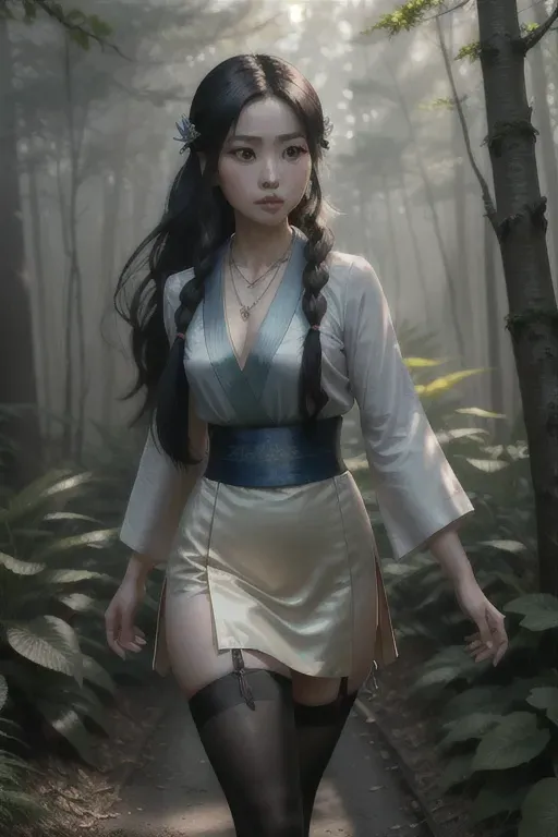 a photograph of,Xiao Jiu,wearing stockings,walking,in the forest,small breasts,five slender fingers,fishtail hair,beautiful face,beautiful lips,blue eyes,curved eyebrows,smooth skin,peaceful,wearing necklace,professional,cinematic lighting,pixiv,artstation,bokeh