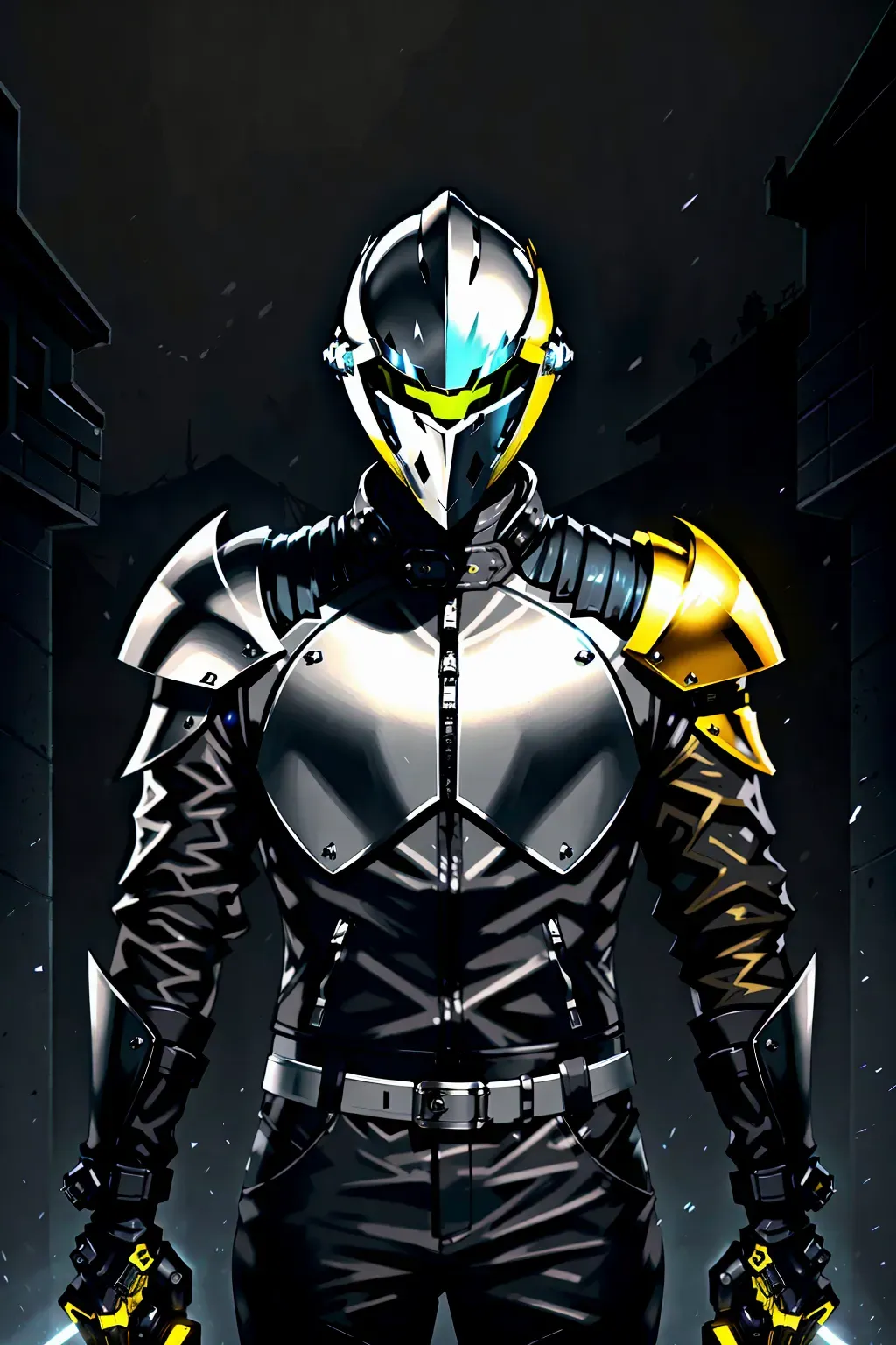 Knight, full face helmet, grey leather jacket, yellow accents, with a sword, male, 8k wallpaper, best quality, ultra hd, global lighting, hi-resolution, high quality, highly detailed, lightning in the background,