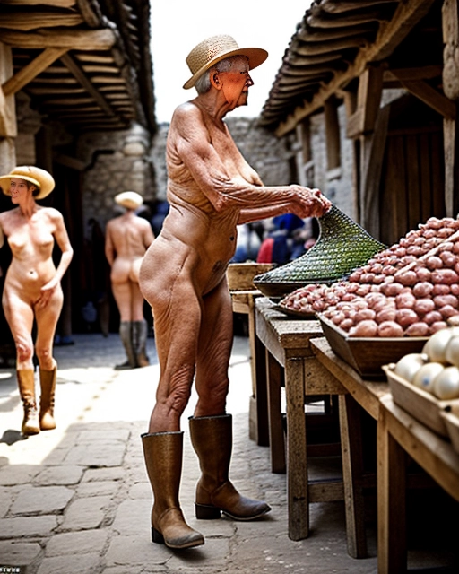 A naked and elderly mature woman works naked, wearing only hand-made boots, in a busy fish market in a medieval village and is (naked:1.2) with medieval village peasants in the background