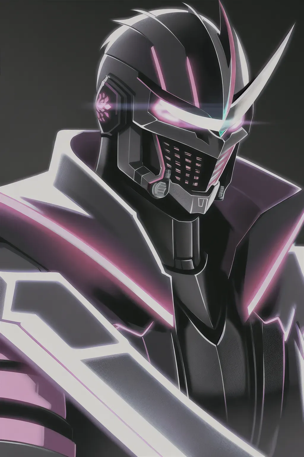Cyberpunk Samurai, full face mask, glowing accents, with a sword, male, 8k wallpaper, best quality, ultra hd, cinematic lighting, studio lighting, hi-resolution, high quality, highly detailed