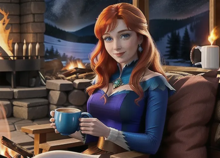 Beautiful sapphire eyed auburn haired Queen Anna of Arendelle enjoying a large mug of hot chocolate with marshmallows with a sweet warm smile and sitting by the fire in a ski lodge.
