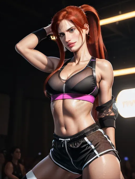 a concept art wide shot of, (((MILF Lake Bell)))(completely accurate face)(((smirking))), (flirtatious mischievous perky exotic)((as a twerk street dancer)), full body, (((at a night Block Party))), ((wearing cropped track jacket))(((wearing mesh sports bra))) (((wearing reversed baseball cap)))(((wearing track shorts)))(((wearing gstring panties)))((wearing sneakers))(Cleavage),(((long SLEEK HIGH PONYTAIL CENTERED ON TOP hairstyle)))(((redhead)))(sleek)((widows peak)))(athletic physique), (((sweaty)))(((twerking))),(((small breasts))),five slender fingers,beautiful face,beautiful lips,detailed large eyes,curved eyebrows,cgsociety,natural lighting,studio lighting,professional,editorial,