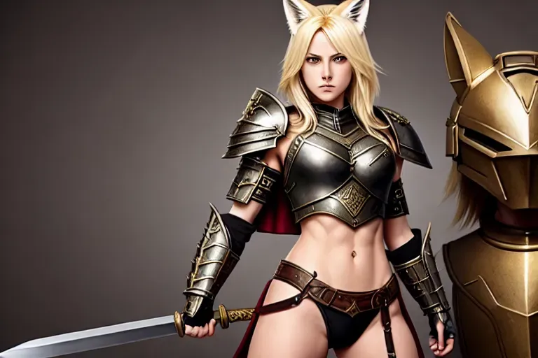 heroin, with a sword, armor that shows strong defined abs, has blonde hair and looks angry, fox ears,