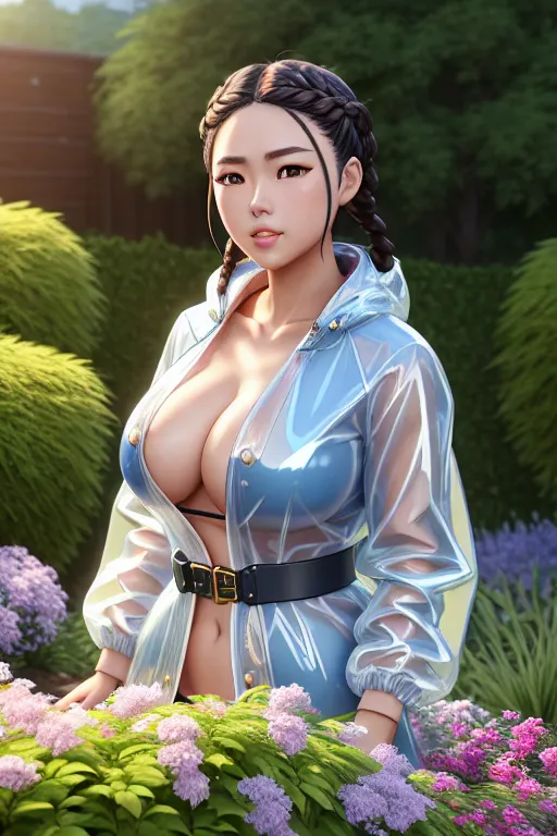 a digital painting of,miyuki shiba,wearing transparent raincoat,shooting from a high point,in the garden,big breasts,five slender fingers,braids hair,charming face,beautiful lips,blue eyes,curved eyebrows,curved eyelid,textured skin,peaceful,wearing golden ring,pixiv,artstation,unreal engine,8k,cgsociety