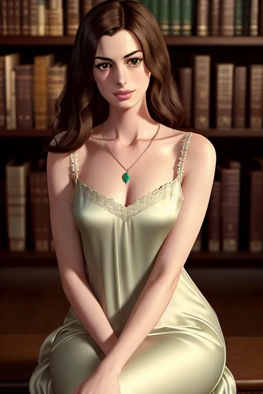 a illustration of,anne hathaway,wearing nightgown,sitting on bent knees,at the library,five slender fingers,silky hair,gorgeous face,beautiful lips,green eyes,curved eyebrows,textured skin,peaceful,wearing necklace,unreal engine,artstation,sharp focus,professional,8k
