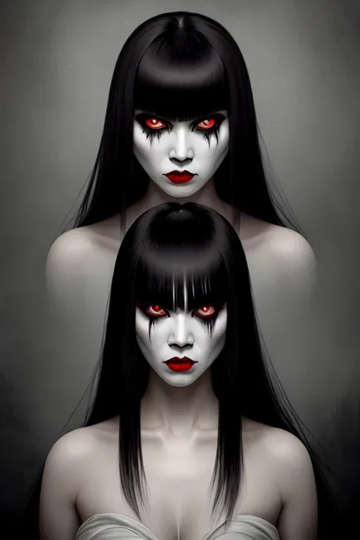 young pale asian ghost girl horror fantasy portrait black hair straight-bangs scary angry fantasy setting portrait