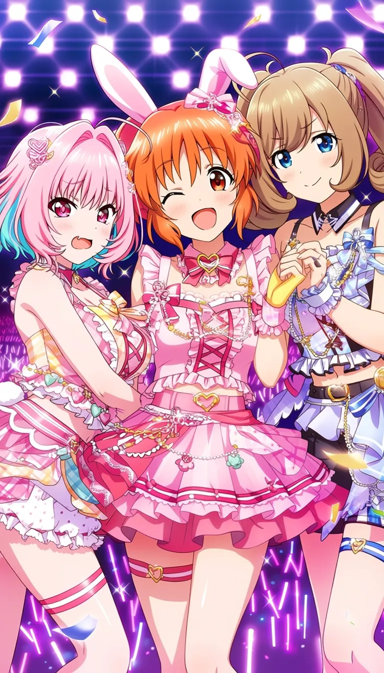 masterpiece, best quality, good quality. A vibrant anime-style illustration of three girls standing together on a sparkling concert stage background with glowing lights and confetti. In the center is Abe Nana, a cheerful girl with bright orange hair, brown eyes, and cute rabbit ears. She is winking playfully, wearing a frilly pink dress with a ribbon and accessories, giving off a lively idol-like charm. On the left is Yumemi Riamu, with flowing pink hair, sparkling pink eyes, and a slightly shy but adorable expression. She wears a stylish outfit decorated with frills, bows, and colorful ornaments, exuding a soft pastel aesthetic. On the right is Sato Shin, with neat brown twintails and striking blue eyes. She has a confident expression, dressed in a fashionable outfit with ribbons and accessories, balancing elegance with cuteness. Together, the trio radiates energy and warmth, with heart and star motifs glowing subtly around them, enhancing the idol concert atmosphere