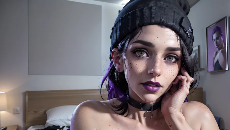 photorealistic, 8k, accurate face, (((detailed face))), (((replicate inspiration face))), freckles, black lipstick, wearing black beanie, collar,
<lora:dpmg_photo_compare:1> ,phone, cellphone, smartphone, holding, Nude,
location is bedroom with purple lighting, movie posters on wall, messy bed,