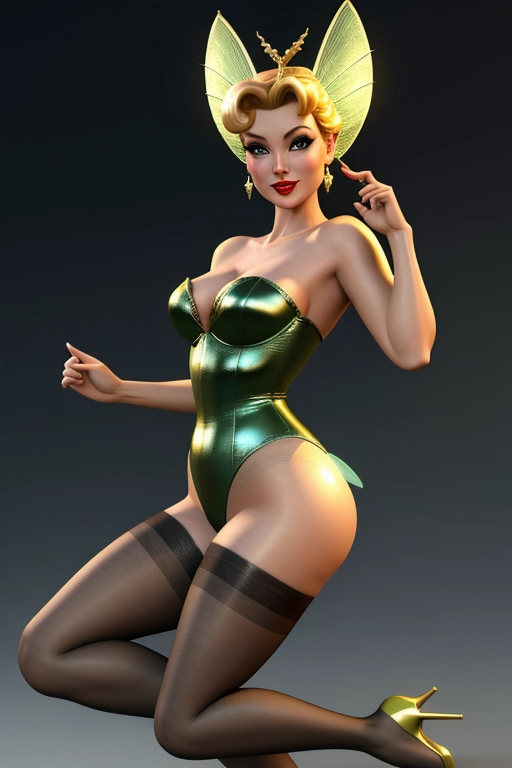 3d, 8k, Tinkerbell, in the style of a pin-up model, wearing thigh-high silk stockings