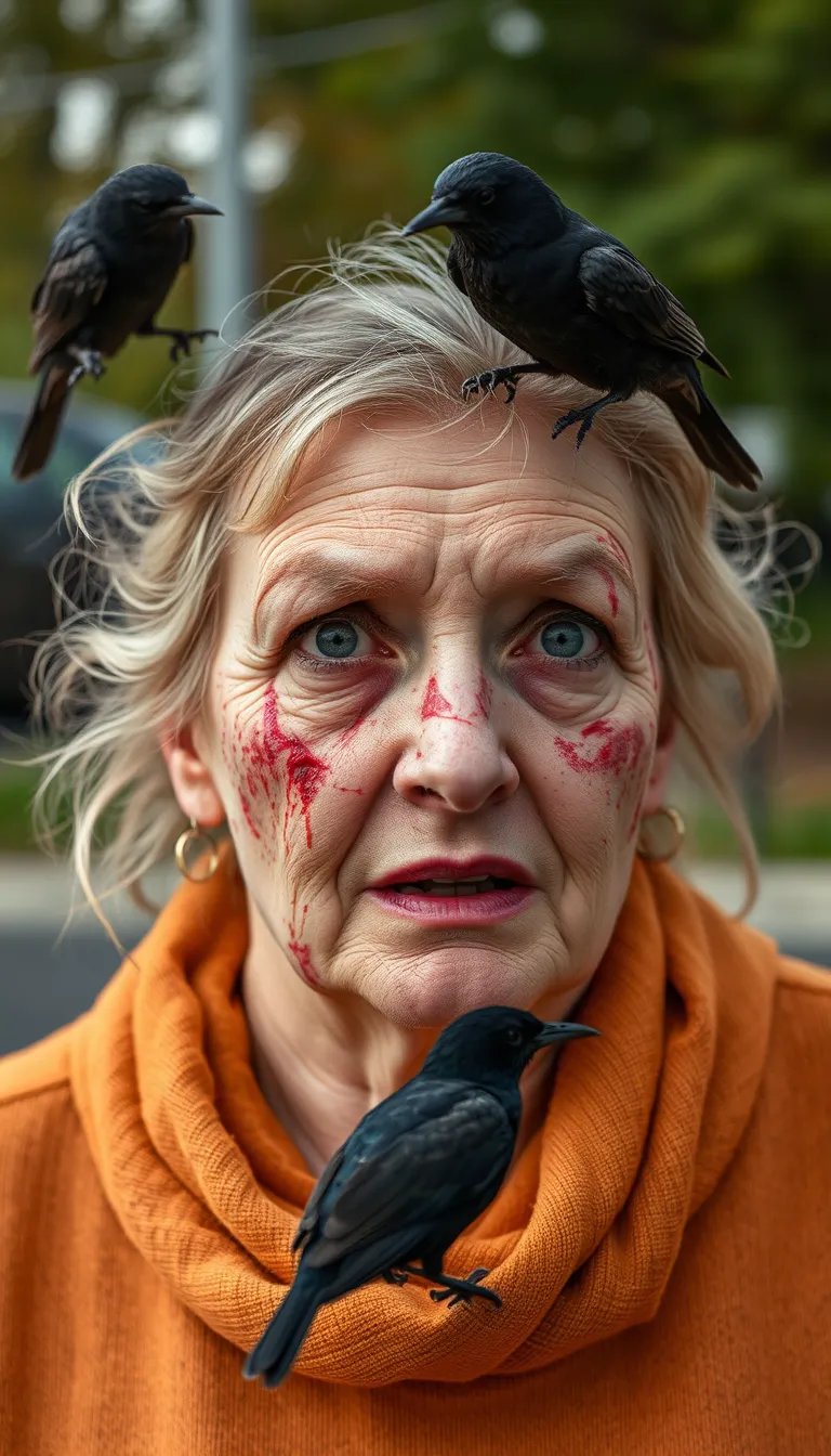 60 year old woman attacked by blackbirds birds in downers grove parking lot, bloody face, torn skin, terrified facial expression