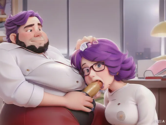 2 people, woman, pruple hair, skinny, secretary, woman, kneeling, blowjob, fat man, office, ugly, man, sex, from below angle, penis, balls,