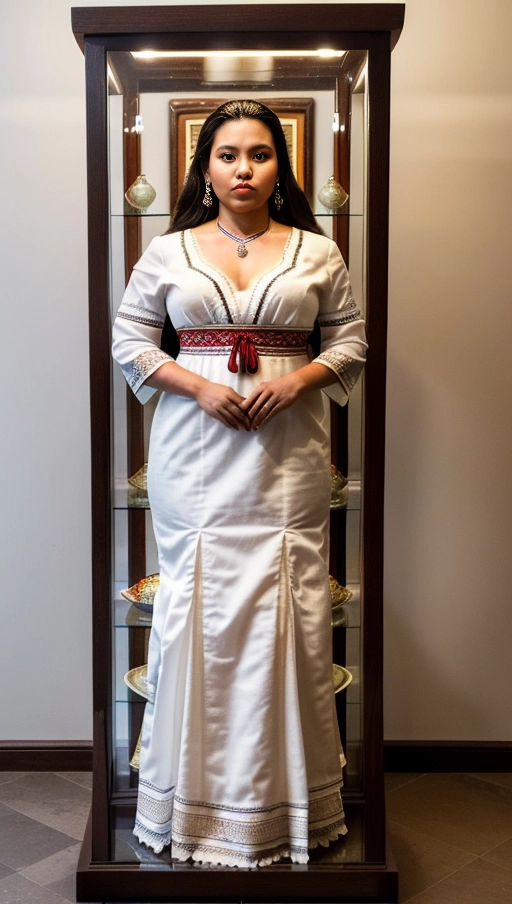 The woman was frozen in time, She wore traditional Guatemalan clothing that accentuated her large natural breasts and wide hips, along with a pair of high heels. The woman is Latin American. She is inside a glass display case exposed for sale. The setting is in a white-walled room evenly lit by white lighting. Despite being overweight, she still looks attractive. The image should showcase the womans ample figure within the glass display case. Her facial expression should be neutral, with eyes fixed on the camera but without any emotions. (((full body view, full body photo)))), ((full body view)), ((breasts large natural)), ((overweight)), (((hyperrealistic))),
Masterpiece,
perfect edges,
ultra realistic,
perfect anatomy,
realistic skin texture