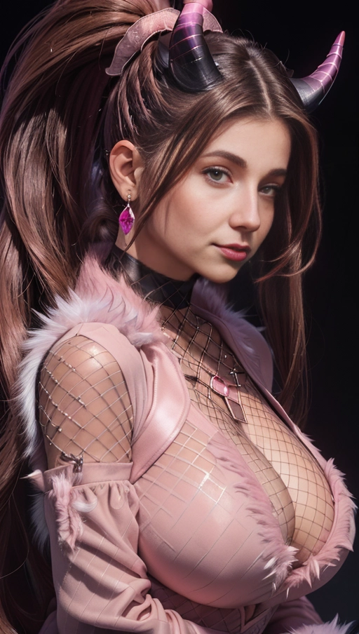 best quality, (((ultra high res))), (((detailed face and eyes))), ((perfect face)), (big shining heart choker), earrings, jewelry, (conjuring), witch, ((very long voluminous hair)), ((((brown hair)))), (((huge golden hair cuff))), ((((black skintight neckholder)))), ((((face closeup)))), ((((lipstick)))), ((black long sleeves)), ((purple glowing heart)), (((demon mark))), ((((straight hair)))), ((pink luminescence)), (((Kylie Jenner))), (((huge boobs))), ((((black demon horns)))), (((((very very long hair))))), (((perfect face and eyes))), (((straight hair))), ((((face very close)))), (black spikes), ((((single brown ponytail)))), (((((pink fur))))), ((((fishnet suit))))