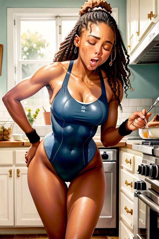 ((painting)),
(beautiful young brunette woman),
(((features of a young Venus Williams))), perfect face, detailed face, beautiful nipples:1.2), natural hair,
((Leotard)), standing in a 1950s style kitchen, rear view, face turned towards viewer, full body and thighs visible, baking a cake, she is having a powerful (((sneezing fit))) ((sneezing)) allergy to flour, with her nostrils flaring, ((her eyes closed)) and ((her mouth wide open)),
masterpiece