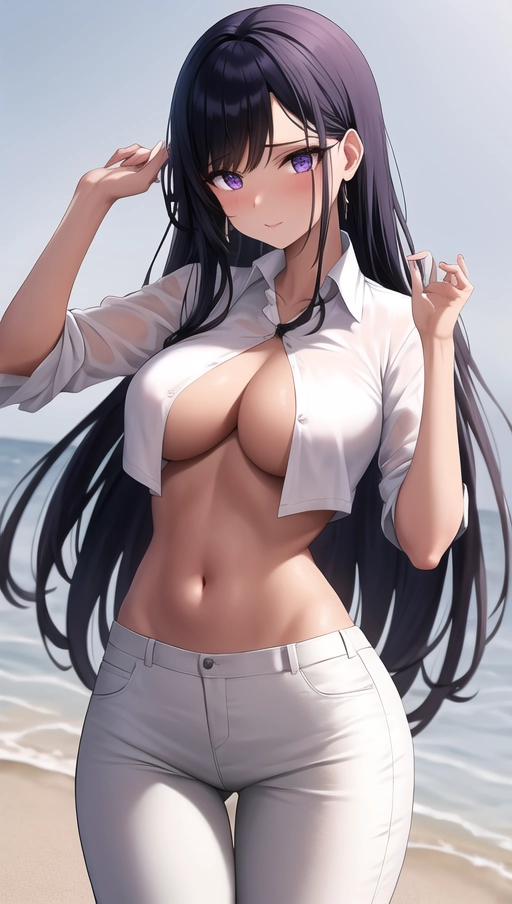 (more_details:1), nico_robin,brown, tanned skin,white formal blouse, purple pants, long black hair, fringe hair, blue eyes, sky epic, rain, round tit, round ,thick thighs, small waist, solo, 1 girl, body perfect, body complete