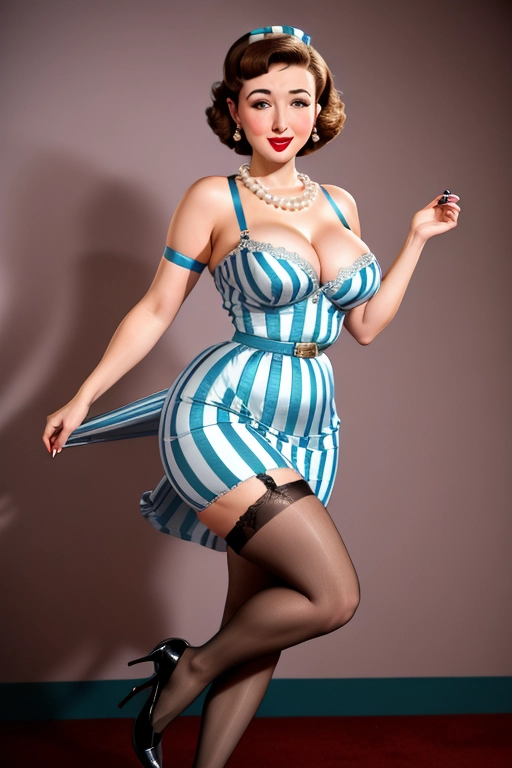 Milana Vayntrub, accurate face, 1950s style hair and makeup, (wearing 1950s style striped dress:1.3), pearl necklace, pear earrings, high heels, silk stockings, garters, garter belt, focus on legs, panties showing, bra showing, flirtatious, pinup style
