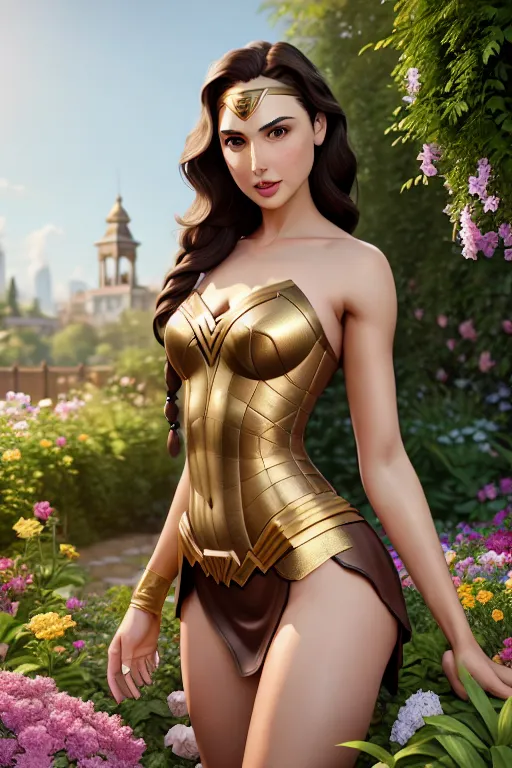 a digital painting of,gal gadot,arched back pose,in the garden,small breasts,five fingers per hand,braids hair,gorgeous face,beautiful lips,brown eyes,curved eyebrows,curved eyelid,pale skin,joyful,wearing golden ring,editorial,highly detailed,artstation,8k,unreal engine