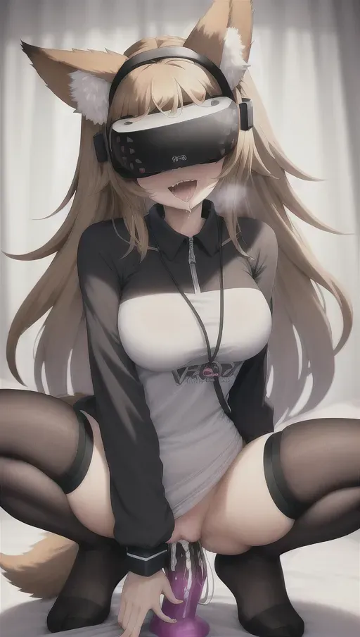 high quality, detailed, anime girl and anime boy fucking in VR, girl is wearing a quest 2 VR (head mounted display) on her face that covers her eyes, (virtual reality), Lovense rigging penetrates her pussy, wolf ears on girl, wolf ears on boy, wolf tail on girl, wolf tail on boy, fluffy ears, fluffy tails, brown hair, girl is wearing casual baggy comfy clothes, boy is wearing casual clothes, girl on bed (steam VR controllers) in her hands, HMD, vivid colors, cozy, wide shot, cute, intimate, naked from the waist down , lewd face, wet, sex, <lora:dpmg_riding_dildo:1>, cum, pull out, open mouth, lewd, perfect figure, thighjob, pussy rubbing cock, vanilla, (full body trackers (tundra VR trackers)), proper human proportions, masterpiece, professional, long distance relationship, pussy juice, ecstasy, saliva