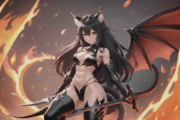 best quality, high details, dragon girl, dragon wings, dragon horns, flat chest, toned body, sixpack, black hair, long hair, red eyes, neko, cat ears, wide shot, full body visible, warrior, sword, detailed background, fire