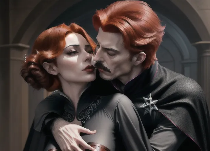 an older distinguished short black-haired masculine Dracula with very high collared cape, embracing Sweet innocent beautiful elegant auburn haired in a low bun Queen Anna of Arendelle in green portrayed by Willa Holland deeply hypnotized and enthralled lips parted in erotic arousal, fingering recent hickey on her neck from behind kissing her neck. PHOTOREALISTIC.