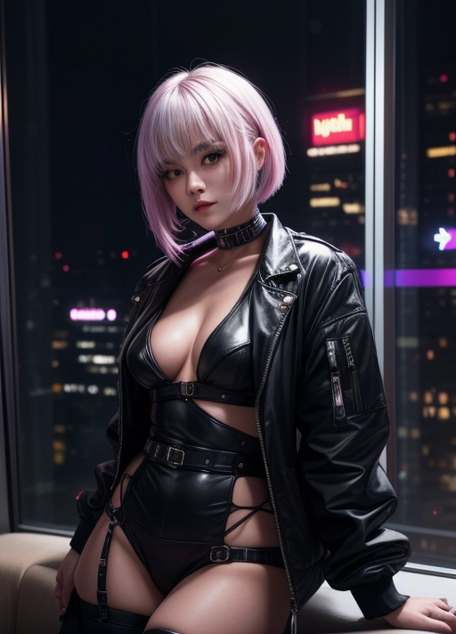 A professional photo of Lucy from cyberpunk edgderunners 25 years old, European and Japanese descent, cute but angry and pouting expression, in a hotel room with giant windows outside is a futuristic cyberpunk city, night time, astonishing woman, short pure white hair with one pink strand, bob haircut, wearing a full cyberpunk outfit made only from cotton fabric, fully clothed,warm cinematic lighting, neon lights, neon glow, purple lights, masterwork, best quality, volumetric lighting, depth of field Imperfect skin, Feminine, Real looking face, highly detailed face,photo-realistic, hyper-realistic, low light,covered breasts, (best quality),(Small breasts), <lora:dpmg_add_detail:0.5>, beautiful,(high resolution), (((masterpiece))), (uhd), (8k)