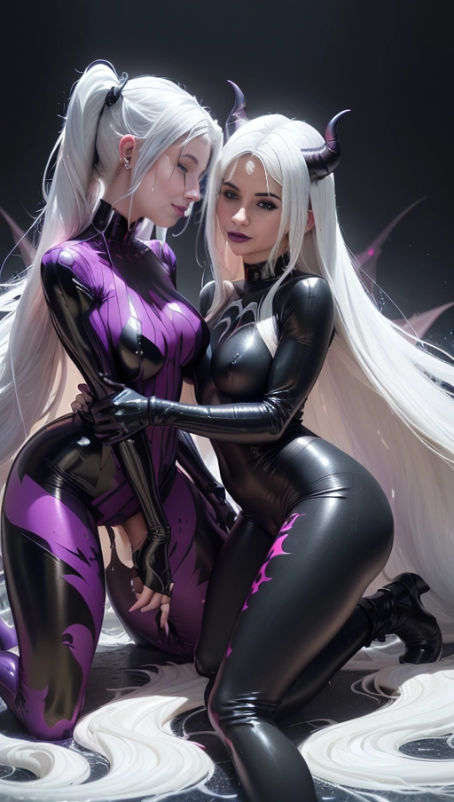 best quality, (((ultra high res))), (((detailed face and eyes))), ((perfect face)), (big shining heart choker), earrings, jewelry, (conjuring), witch, ((very long voluminous hair)), ((((first girl has black hair and second girl has white hair)))), ((((black skintight neckholder)))), ((((pink lipstick)))), ((black long sleeves)), ((glowing heart)), (((demon mark))), ((((straight hair)))), (((Kylie Jenner))), (((((very very long hair))))), (((perfect face and eyes))), (((straight hair))), ((black leggings)), (black latex suit), ((succubus)), demon horns , (((huge cameltoe))), black gloves, lies on the ground, ((((2 girls having sex together)))), ((symbiote goo suit)), ((symbiote goo hair)), ((symbiote goo face)), ((symbiote goo everywhere)), ((succubus symbiote girl)), (((demon tail))), (((hair-raising symbiote))), ((purple glowing lines)), (((2 symbiote girls fucking together))), ((wet cameltoe)), (((girl on the left has white hair)))