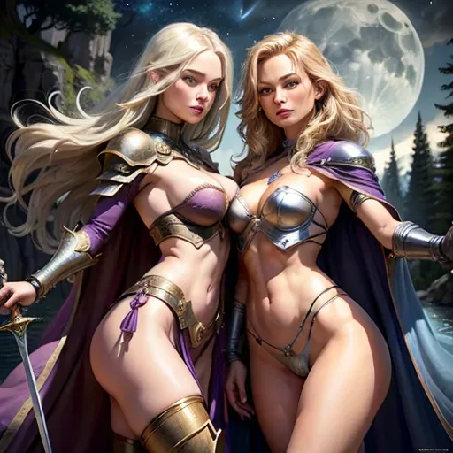 High fantasy setting, two blonde women wearing leather and metal armour, (Olivia Wilde and Dina Meyer), sexy clothes in blue and purple, long cape, skirt reaching knees, high leather boots, medium breasts, cleavage, midrif, toned and slim body, abs, slender arms and legs, small ass, narrow waist,
looking sexy with a sensual expression, very beautiful face, very beutiful eyes, sexy pose, erotic smile, holding dagger or sword in one hand, looking at the viewer, happy, kissing passionately, nsfw
background consisting of castle on a cliff in a forest by a lake, night, setting lit up by strong moon light,
two arms, two hands, five fingers, detailed fingers, two legs, two feet, remove third hand, check eye configuration, check hand congifuration, number of hands, clairfy picture,
<lora:dpmg_add_detail:0.4>, vivid colors, cinematic composition, artificial light, UHD, HDR, highest quality, highest resolution, (photorealist), (photorealism), (masterpiece:0.4)