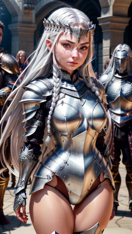 fantasy armor, chainmail armor, metal armor, Stern pose, Highly detailed face, Athletic, Beautiful, , long braided white hair, long white hair, determined face, cute, thick thighs, thigh gap, silver eyes, small perky breasts, perfect fingers, HD wallpaper, perfect teeth, anatomically correct, five fingers per hand, HD resolution, HD wallpaper, professional, realistic, photorealistic, highly detailed, detailed face, professional photograph, Ray tracing, realistic skin texture, (photorealistic), (masterpiece), (best quality)
Fullbody view, masterpiece, absurdres, ((((solo focus)))), 8k, perfect edges, ultra realistic, perfect anatomy, low light, perfect face, fine details, realistic shaded,
<lora:dpmg_add_detail:1>