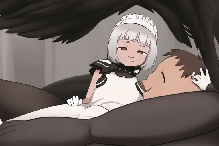 small white woman on a bed, the woman is smiling and touching her crotch, the bed is black, there are 6 big black cocks around her ejaculating on her face,