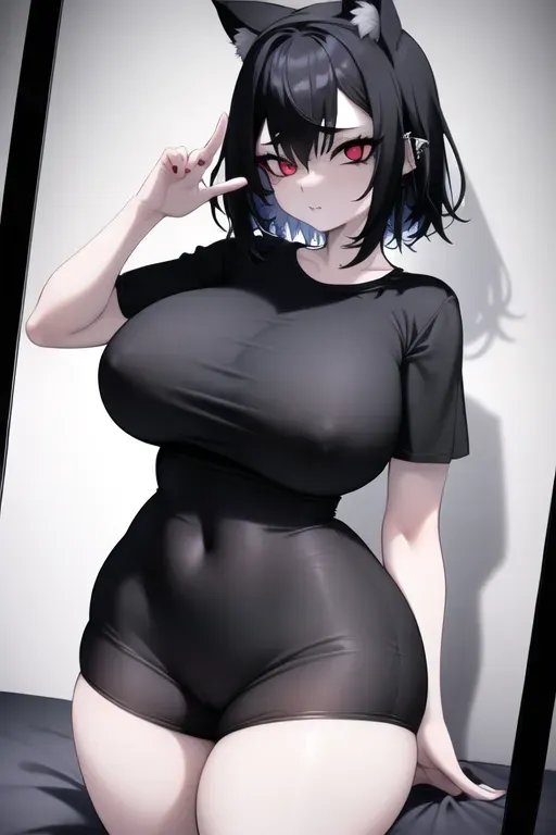 high quality,high resolution,detailed,bedroom,backlight,shortstack,black medium hair,bored,pale,gothic,bottomless,tight t-shirt,laying down,front view,hand on breast,tiny belly,tiny waist,huge hips,huge thighs,huge engorged breast,voluptuous,piercing