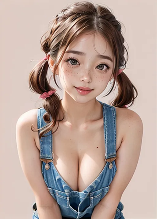 mascot girl for a watercolor company,brown eyes, high detail, pigtails, cleavage, sexy, confident, cutie,overalls,wavy hair, stylish,wide hips,topless, pink nipples, American woman, eyelashes, freckles, close up,horny,beautiful, blowing kiss,shallow depth of field, boku,blowing kiss,kinky,red background,cute smile, bent over,cleavage,flirty,nude,removing clothes, no panties ,voluptuous,milf, teacher